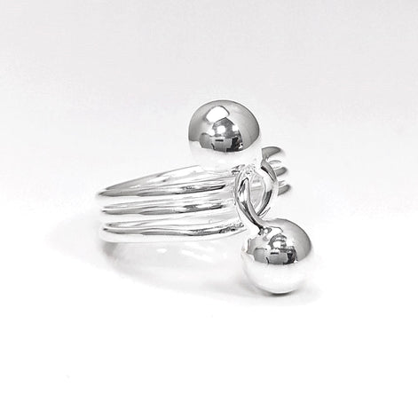 Ball Ring, Sterling Silver, Bypass Half Ring, Cross Balls Crossing Spiral Coiled Ring, Modern Minimalist Geometric Round Designed Jewelry