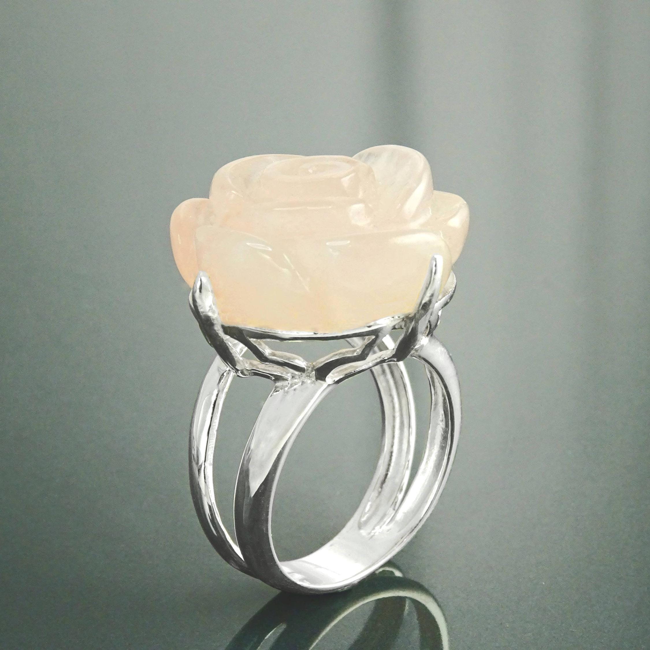 Rose Ring Sterling Silver 925, engraved stone, NATURAL Rose Quartz Gemstone jewelry, Rose flower, Floral design, Birthstone Ring