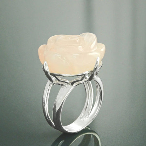 Rose Ring Sterling Silver 925, engraved stone, NATURAL Rose Quartz Gemstone jewelry, Rose flower, Floral design, Birthstone Ring