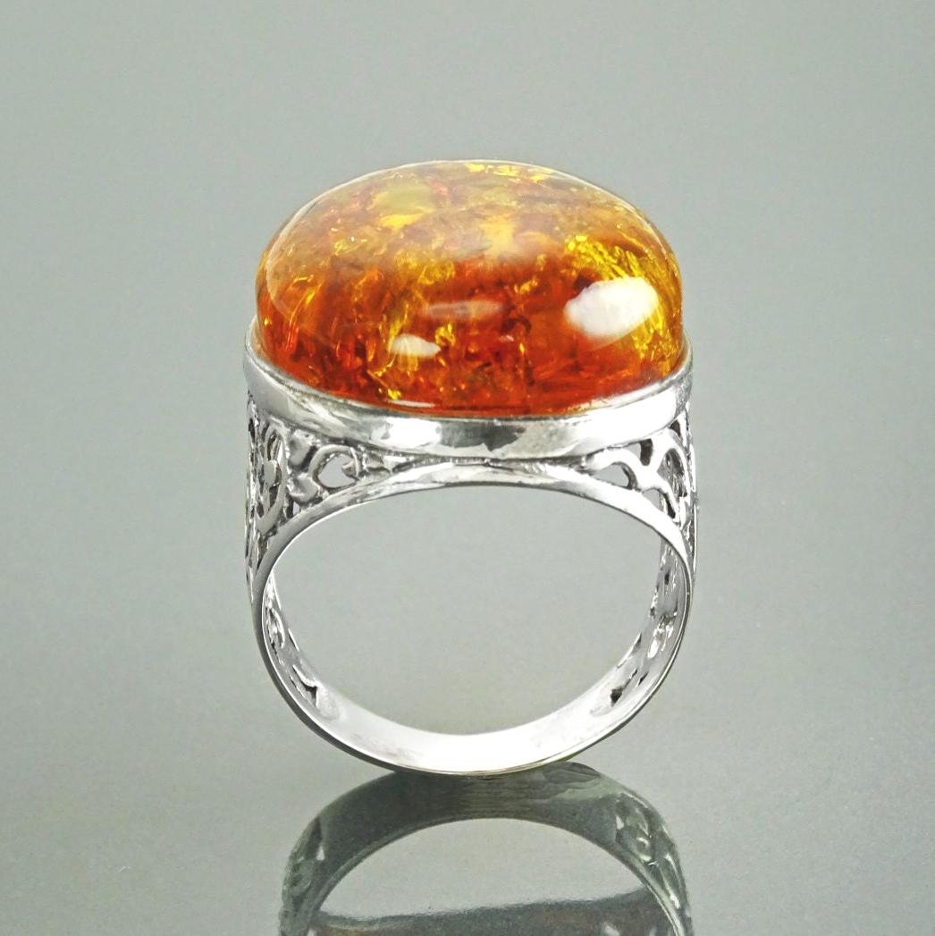 Boho Amber Ring, Sterling Silver 925, GENUINE Amber Gemstone with Inclusions, Intricate Filigree Jewelry, Antique Vintage Bali Bohemian Ring