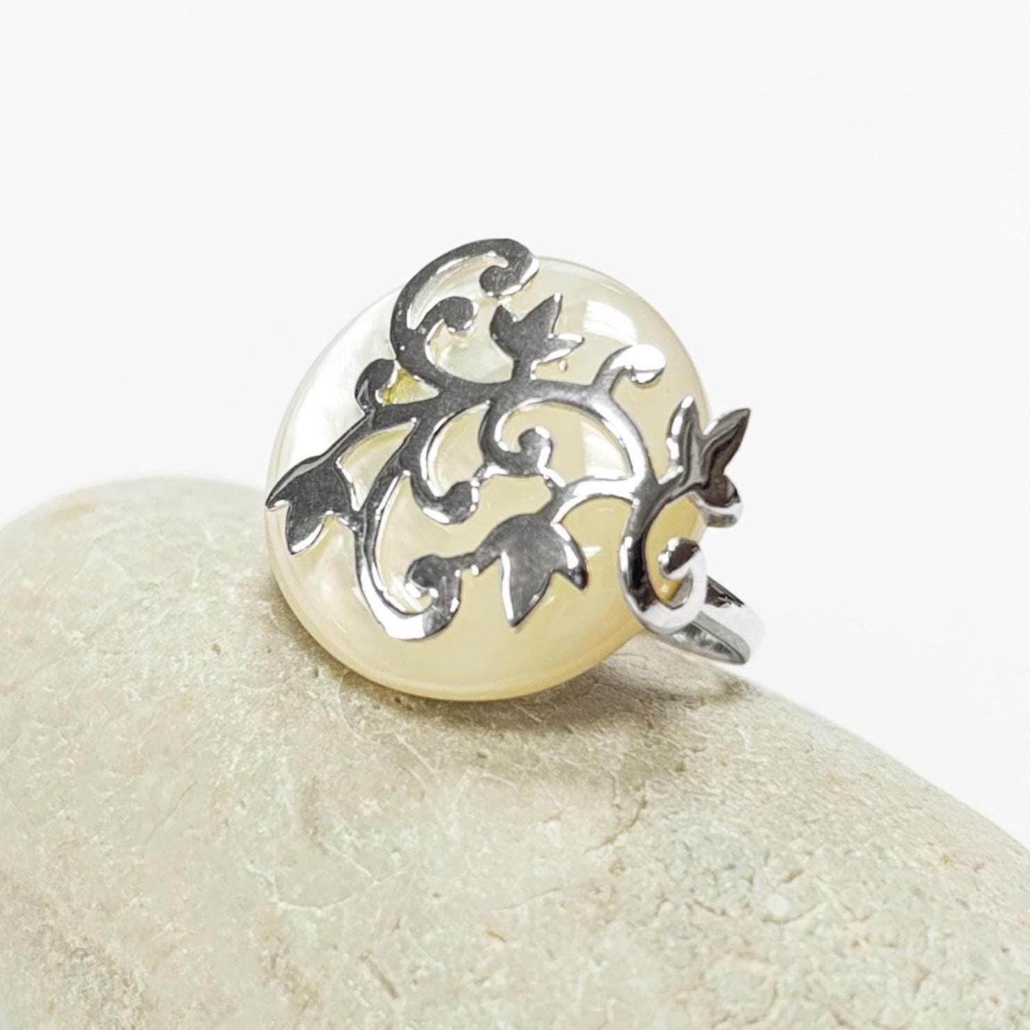 Floral Vine Ring by KRAMIKE • Sterling Silver & Mother of Pearl Stone • Nature-Inspired Design • Unique Look • Elegant Gift for Her • KR131