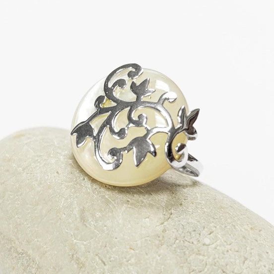 Floral Vine Ring by KRAMIKE • Sterling Silver & Mother of Pearl Stone • Nature-Inspired Design • Unique Look • Elegant Gift for Her • KR131