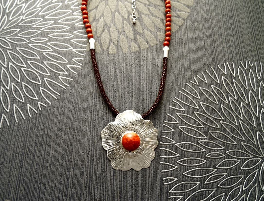 Coral Jasper Necklace, Sterling Silver Pendant, Hibiscus Flowers Pattern, Coral Cabochon, brown Stingray Leather. Unique jewelry