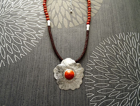 Coral Jasper Necklace, Sterling Silver Pendant, Hibiscus Flowers Pattern, Coral Cabochon, brown Stingray Leather. Unique jewelry