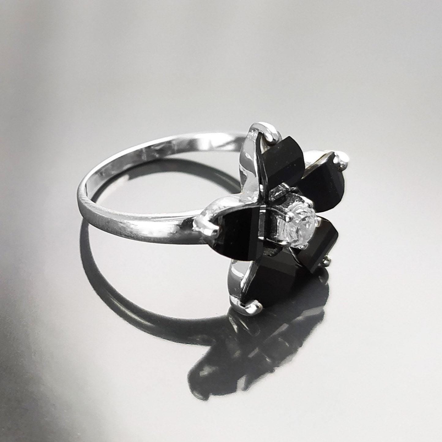 Black Flower Ring, Sterling Silver 925, Black color Zirconias Cz Stones, Bicolor Black and White, Modern Retro Gothic Jewelry