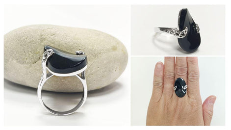 Black Onyx Filigree Ring, Twisted Stone, Sterling Silver