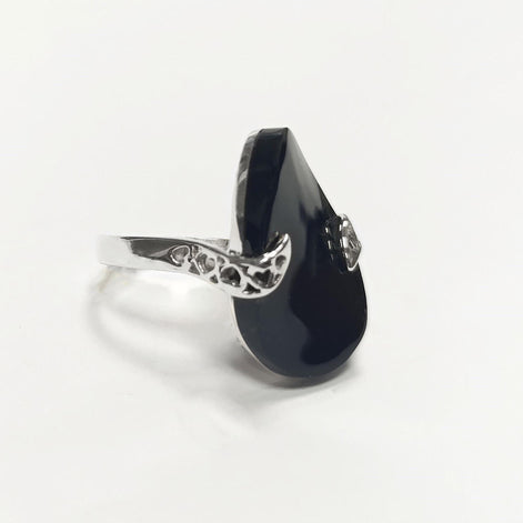 Black Onyx Filigree Ring, Twisted Stone, Sterling Silver