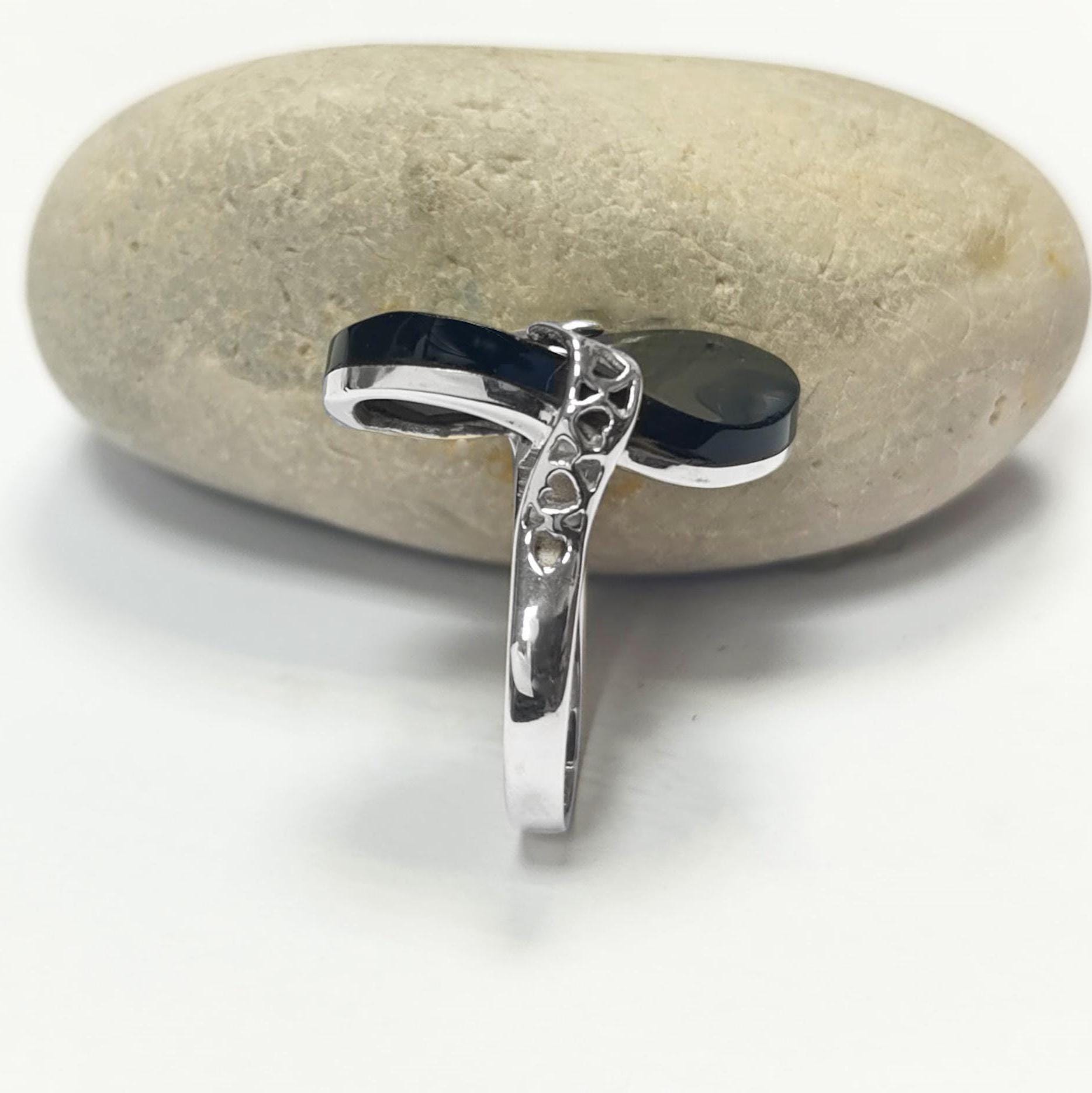 Black Onyx Filigree Ring, Twisted Stone, Sterling Silver