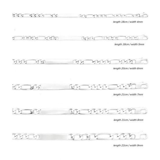 Sterling Silver Figaro ID Bracelet • Engravable Name Bar, Handmade