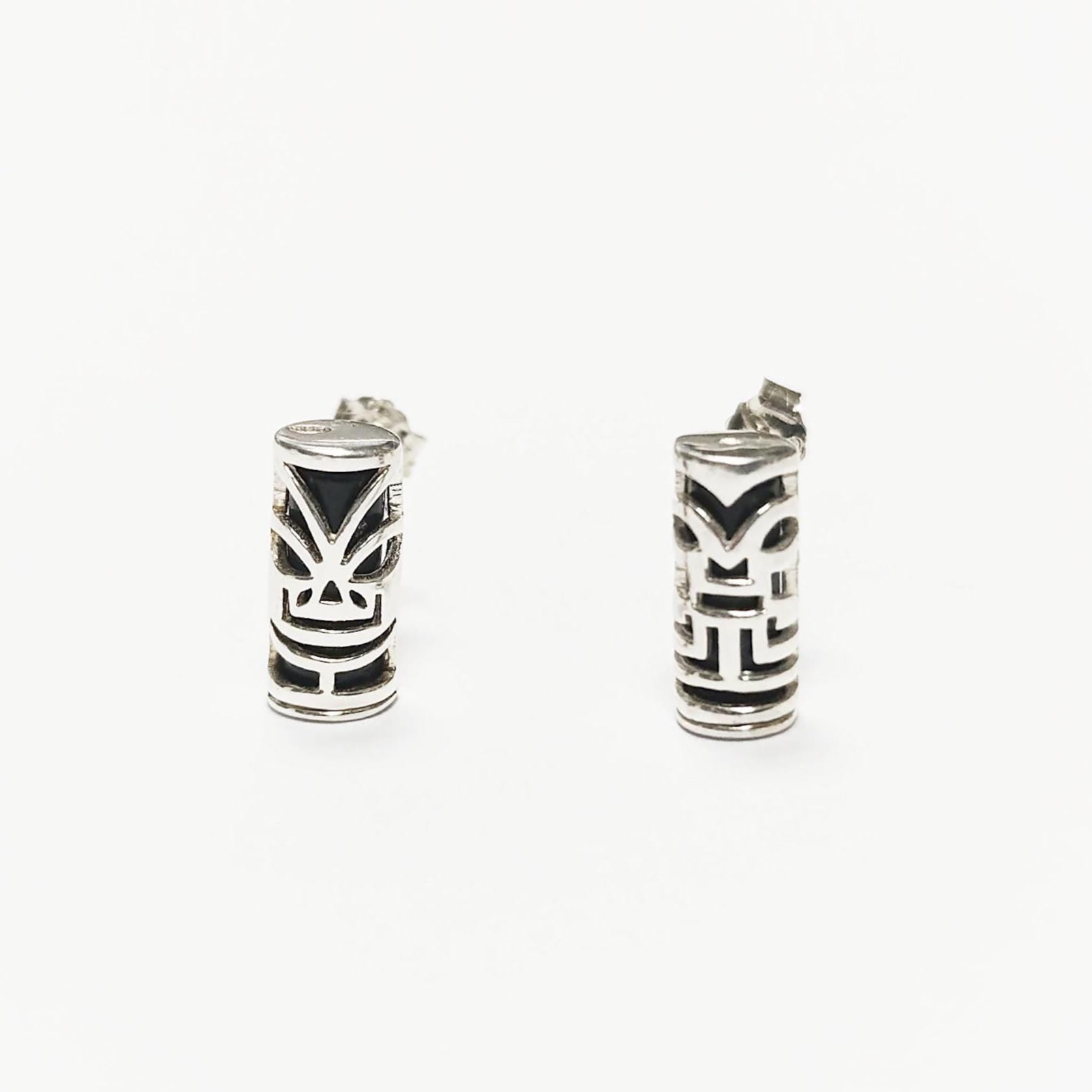 Tiki Earrings • Sterling Silver Tribal Totem Stud Earrings • Exotic Polynesian-Inspired Jewelry with Engraved Details • Gift for Women & Men