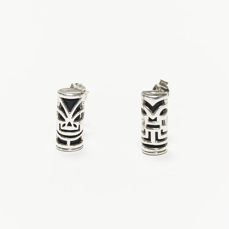 Tiki Earrings • Sterling Silver Tribal Totem Stud Earrings • Exotic Polynesian-Inspired Jewelry with Engraved Details • Gift for Women & Men
