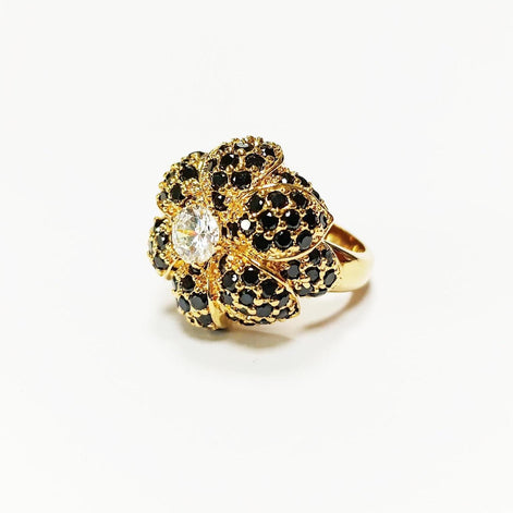 18K Gold Plated Ring • Black & White Rose Flower • Statement Glam Floral Design Stones Jewelry • Elegant Cocktail Ring, Amazing Vintage Ring