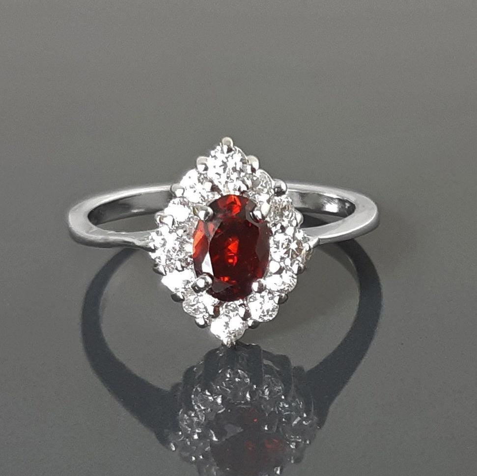 Red Ruby CZ Sterling Silver Marquise Ring, Cluster Engagement Ring