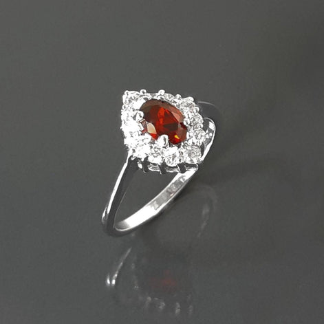 Red Ruby CZ Sterling Silver Marquise Ring, Cluster Engagement Ring