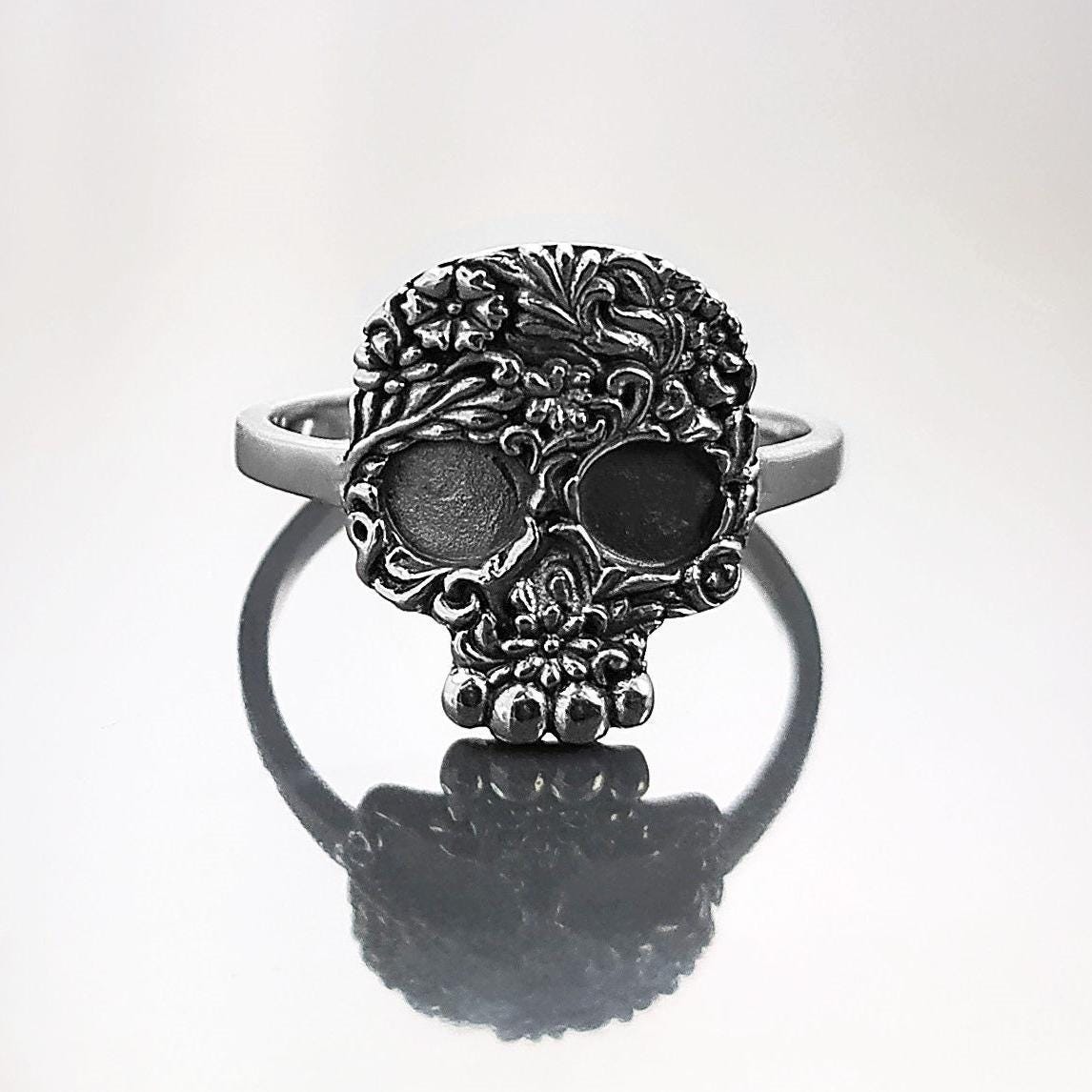 Bague Crâne Tête de Mort Gothique motif floral, Argent 925