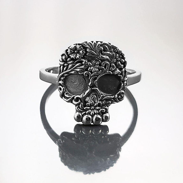 Bague Crâne Tête de Mort Gothique motif floral, Argent 925