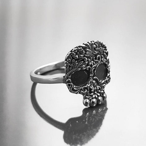 Bague Crâne Tête de Mort Gothique motif floral, Argent 925