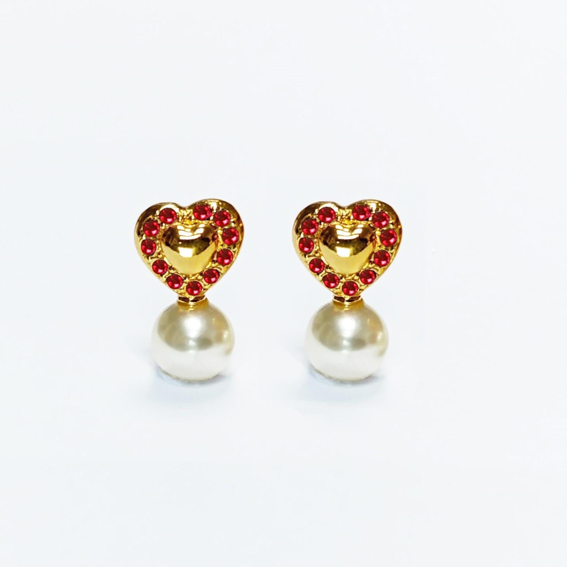 Gold Red Heart Pearl Drop Earrings by KRAMIKE • 18K Gold-Plated & Ruby Color Stones • Everyday Timeless Jewelry • Gift for Her • KR044