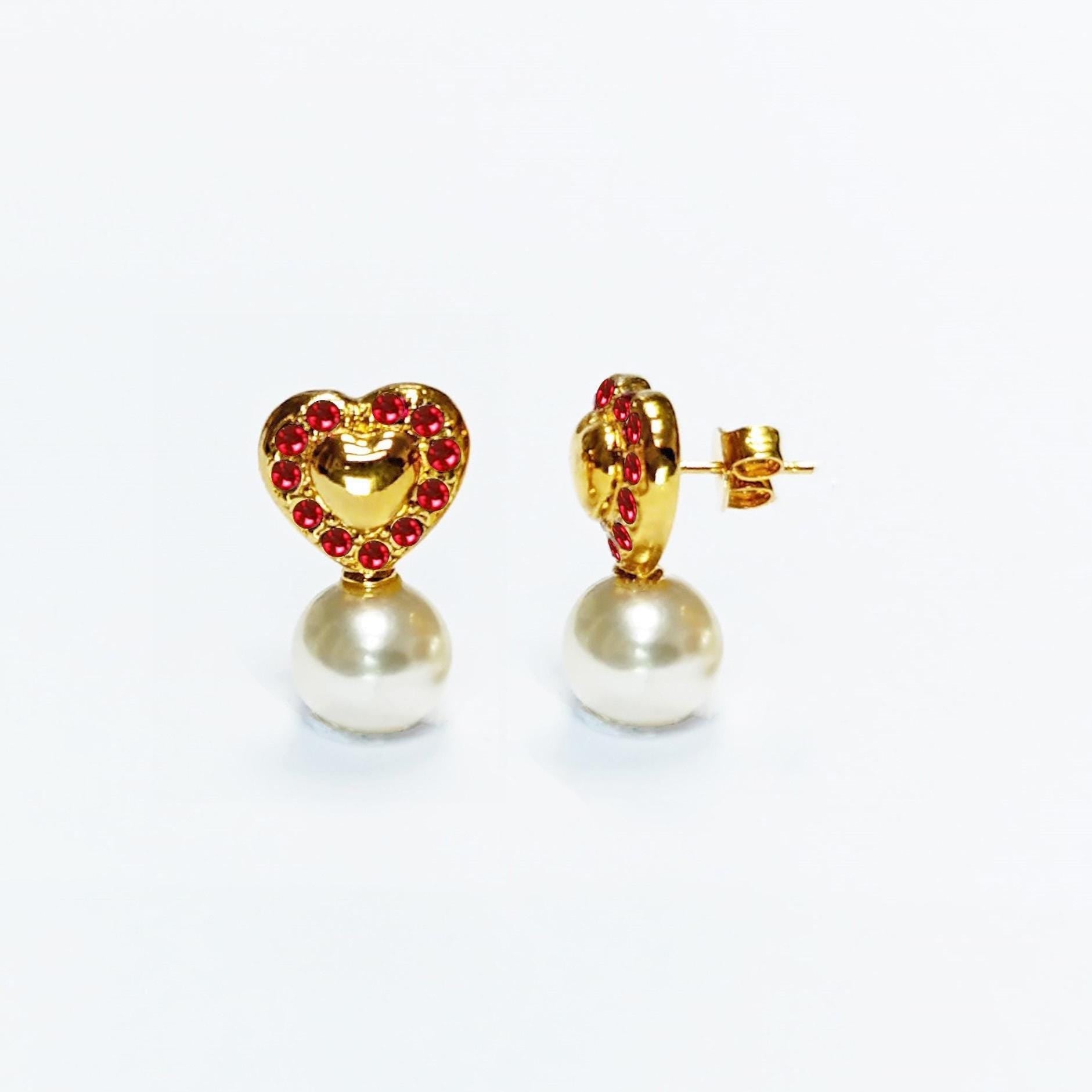 Gold Red Heart Pearl Drop Earrings by KRAMIKE • 18K Gold-Plated & Ruby Color Stones • Everyday Timeless Jewelry • Gift for Her • KR044