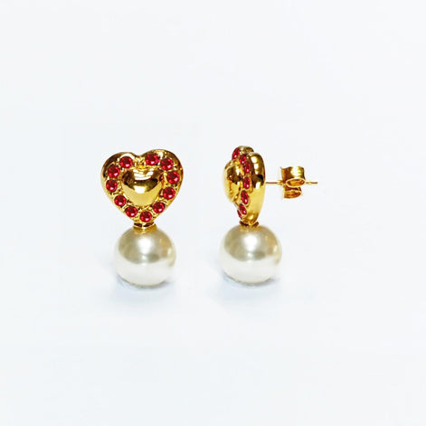 Gold Red Heart Pearl Drop Earrings by KRAMIKE • 18K Gold-Plated & Ruby Color Stones • Everyday Timeless Jewelry • Gift for Her • KR044