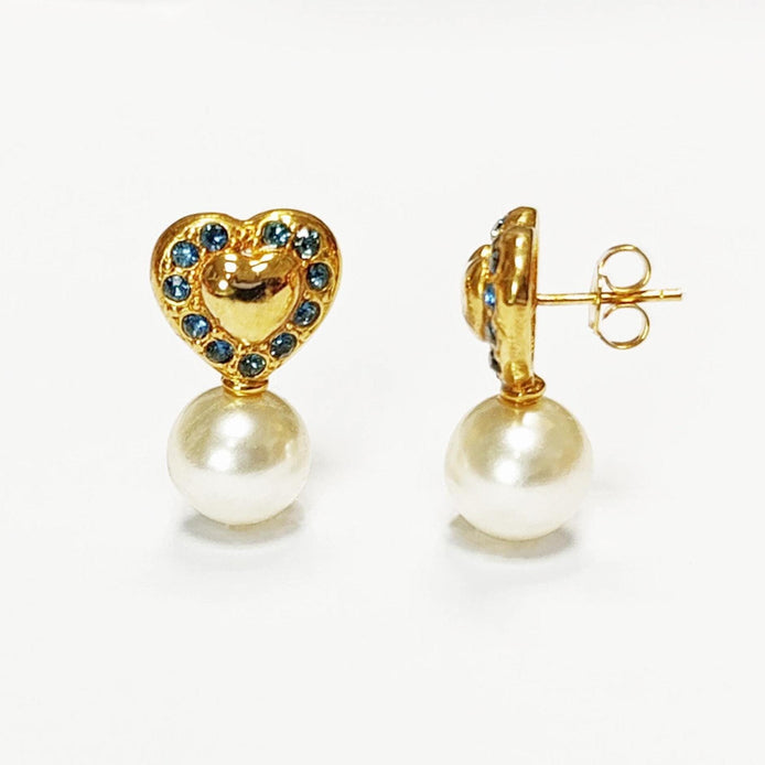 Gold Heart Pearl Drop Earrings by KRAMIKE • 18K Gold-Plated & Blue Sapphire Color Stones • Everyday Timeless Jewelry • Gift for Her • KR044