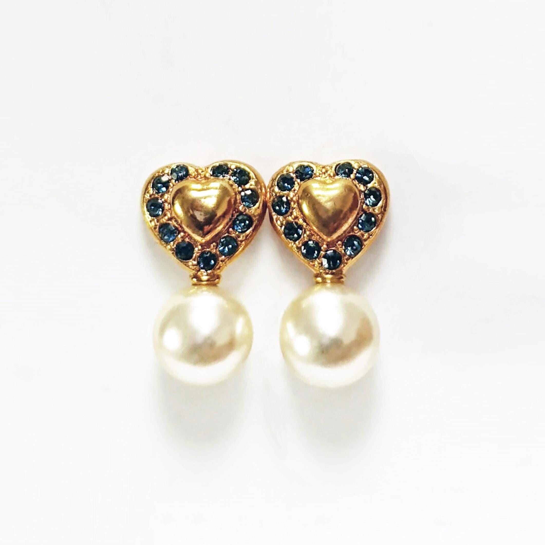 Gold Heart Pearl Drop Earrings by KRAMIKE • 18K Gold-Plated & Blue Sapphire Color Stones • Everyday Timeless Jewelry • Gift for Her • KR044