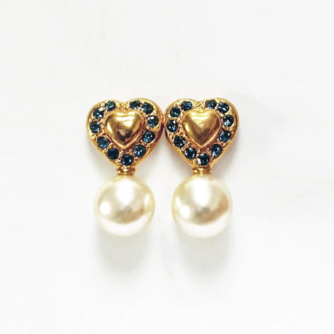 Gold Heart Pearl Drop Earrings by KRAMIKE • 18K Gold-Plated & Blue Sapphire Color Stones • Everyday Timeless Jewelry • Gift for Her • KR044