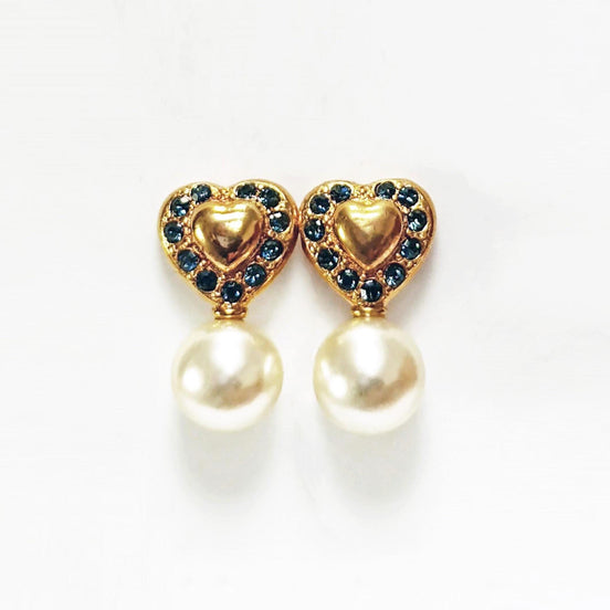 Gold Heart Pearl Drop Earrings by KRAMIKE • 18K Gold-Plated & Blue Sapphire Color Stones • Everyday Timeless Jewelry • Gift for Her • KR044