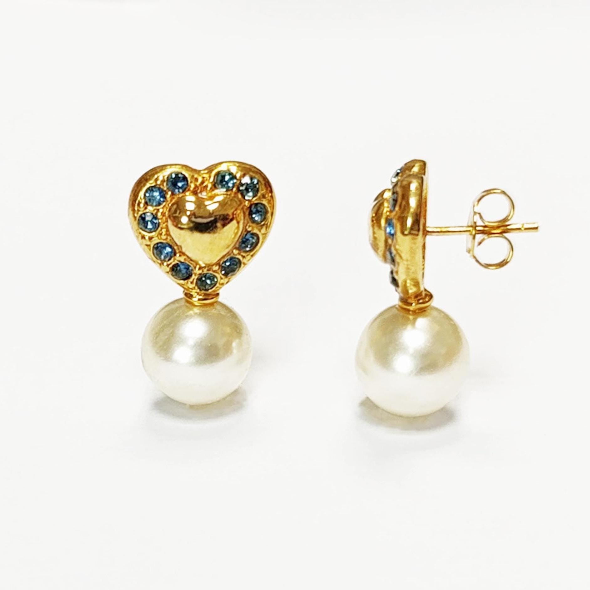 Gold Heart Pearl Drop Earrings by KRAMIKE • 18K Gold-Plated & Blue Sapphire Color Stones • Everyday Timeless Jewelry • Gift for Her • KR044