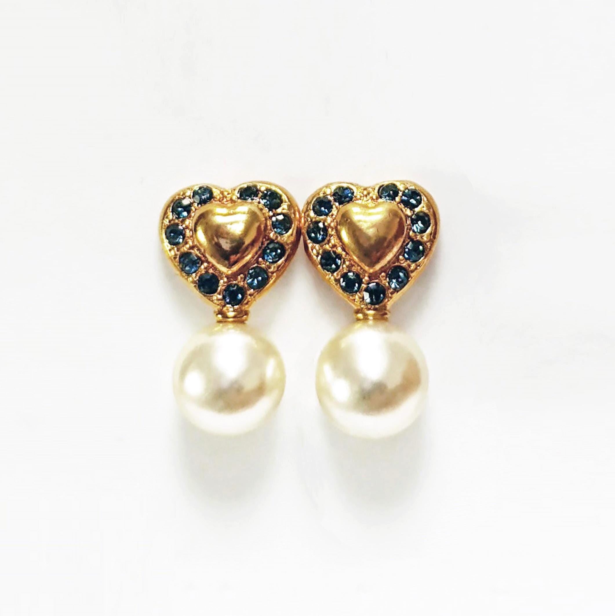 Gold Heart Pearl Drop Earrings by KRAMIKE • 18K Gold-Plated & Blue Sapphire Color Stones • Everyday Timeless Jewelry • Gift for Her • KR044