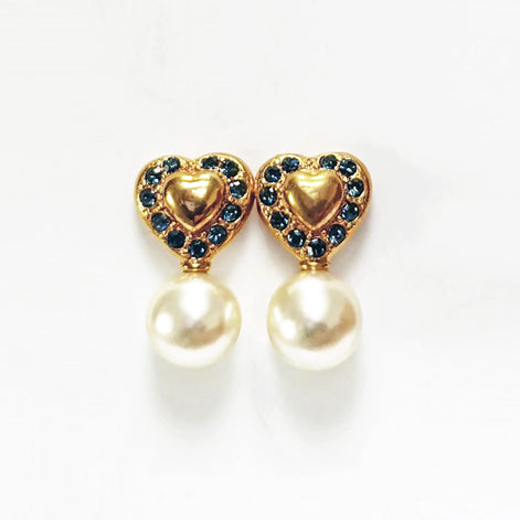 Gold Heart Pearl Drop Earrings by KRAMIKE • 18K Gold-Plated & Blue Sapphire Color Stones • Everyday Timeless Jewelry • Gift for Her • KR044