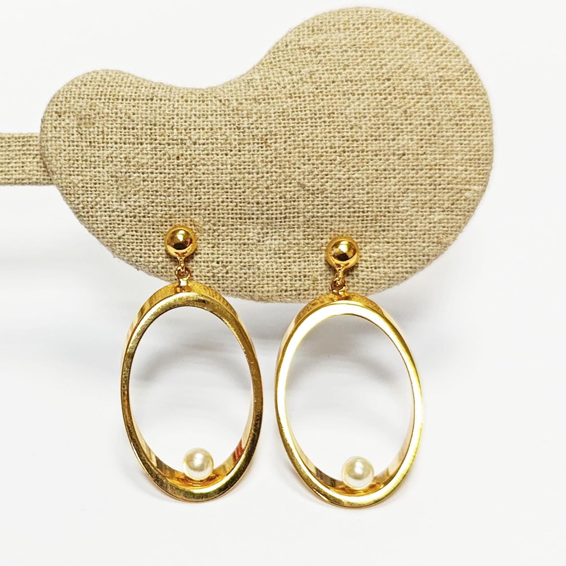 Gold Oval Pearl Drop Earrings• Statement 18K Gold-Plated Modern Jewelry • Floating Shell Pearl Dangle Beveled Hoops • Elegant Gift for Her