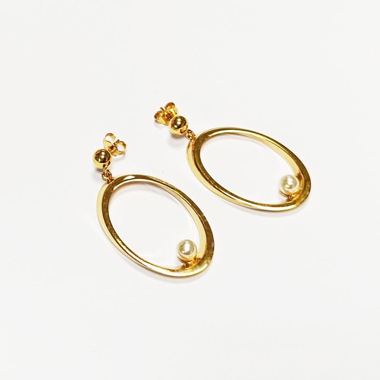 Gold Oval Pearl Drop Earrings• Statement 18K Gold-Plated Modern Jewelry • Floating Shell Pearl Dangle Beveled Hoops • Elegant Gift for Her
