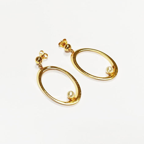 Gold Oval Pearl Drop Earrings• Statement 18K Gold-Plated Modern Jewelry • Floating Shell Pearl Dangle Beveled Hoops • Elegant Gift for Her