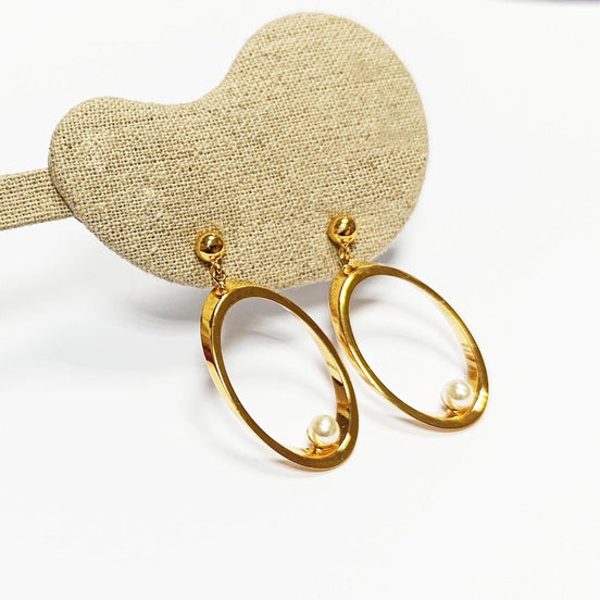 Gold Oval Pearl Drop Earrings• Statement 18K Gold-Plated Modern Jewelry • Floating Shell Pearl Dangle Beveled Hoops • Elegant Gift for Her