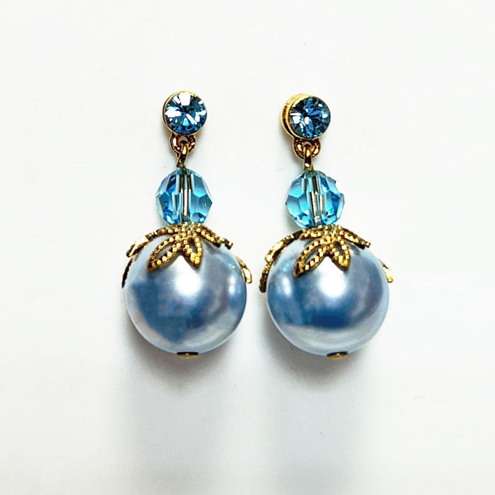 Blue Drop Pearl & Crystal Earrings by KRAMIKE • Azure Color Pearls • 18K Gold Plated Studs • Ideal for a Wedding, Party, or Gift for Her