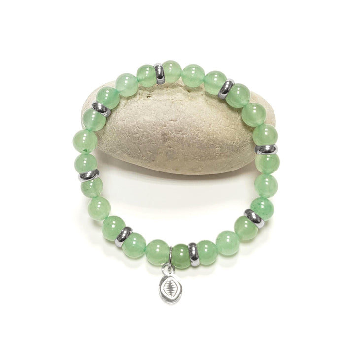 Green Quartzite Beaded Bracelet • Stainless Steel Spacers, Elastic Stretch