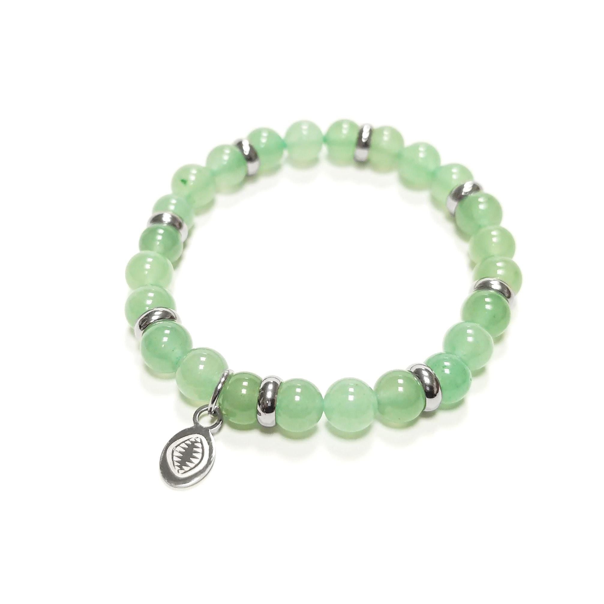 Green Quartzite Beaded Bracelet • Stainless Steel Spacers, Elastic Stretch