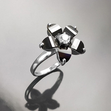 Black Flower Ring, Sterling Silver 925, Black color Zirconias Cz Stones, Bicolor Black and White, Modern Retro Gothic Jewelry