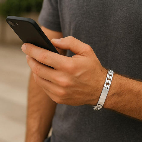 Sterling Silver Figaro ID Bracelet • Personalized Engraved Name Plate