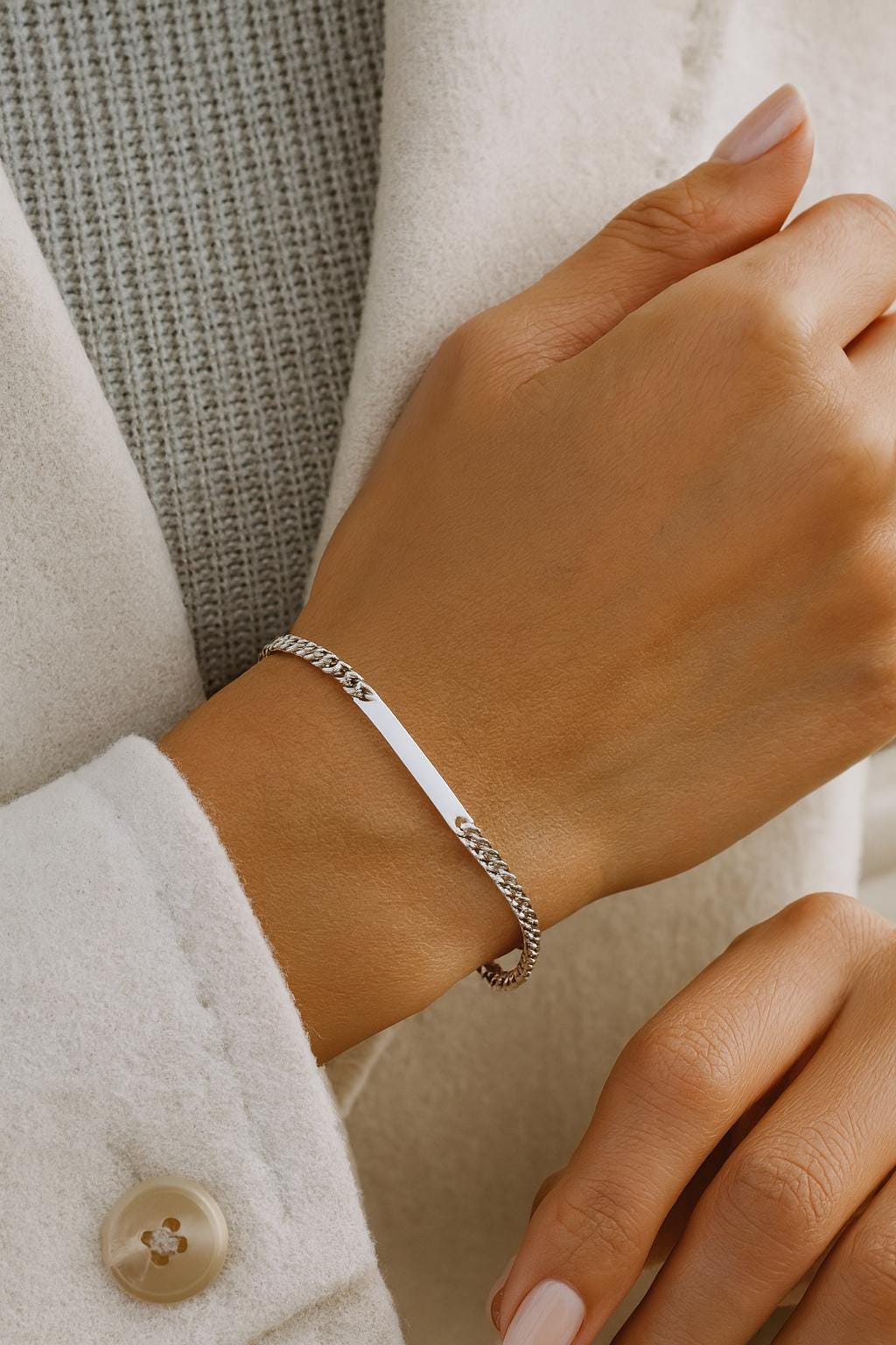 Sterling Silver Figaro ID Bracelet • Personalized Engraved Name Plate