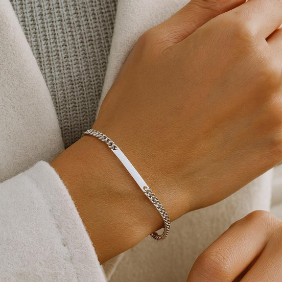 Sterling Silver Figaro ID Bracelet • Personalized Engraved Name Plate