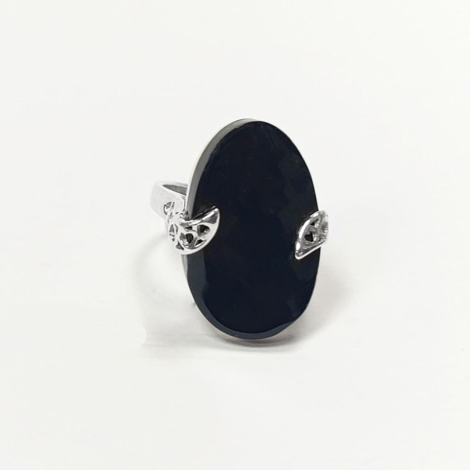 Black Onyx Filigree Ring, Twisted Stone, Sterling Silver