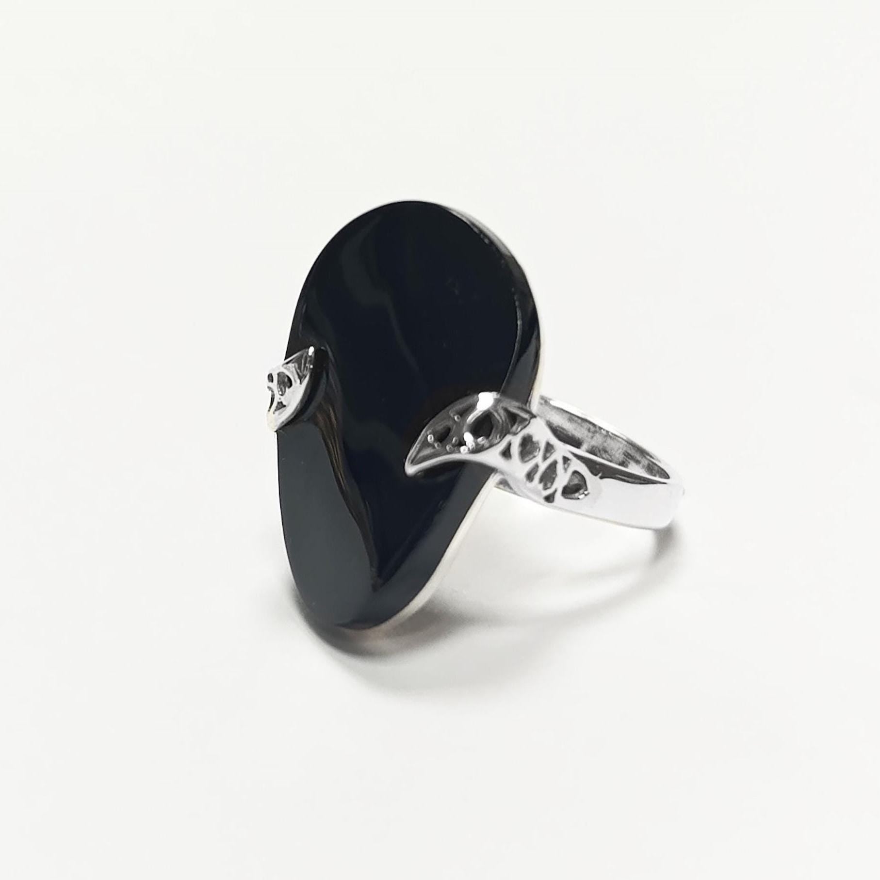 Black Onyx Filigree Ring, Twisted Stone, Sterling Silver