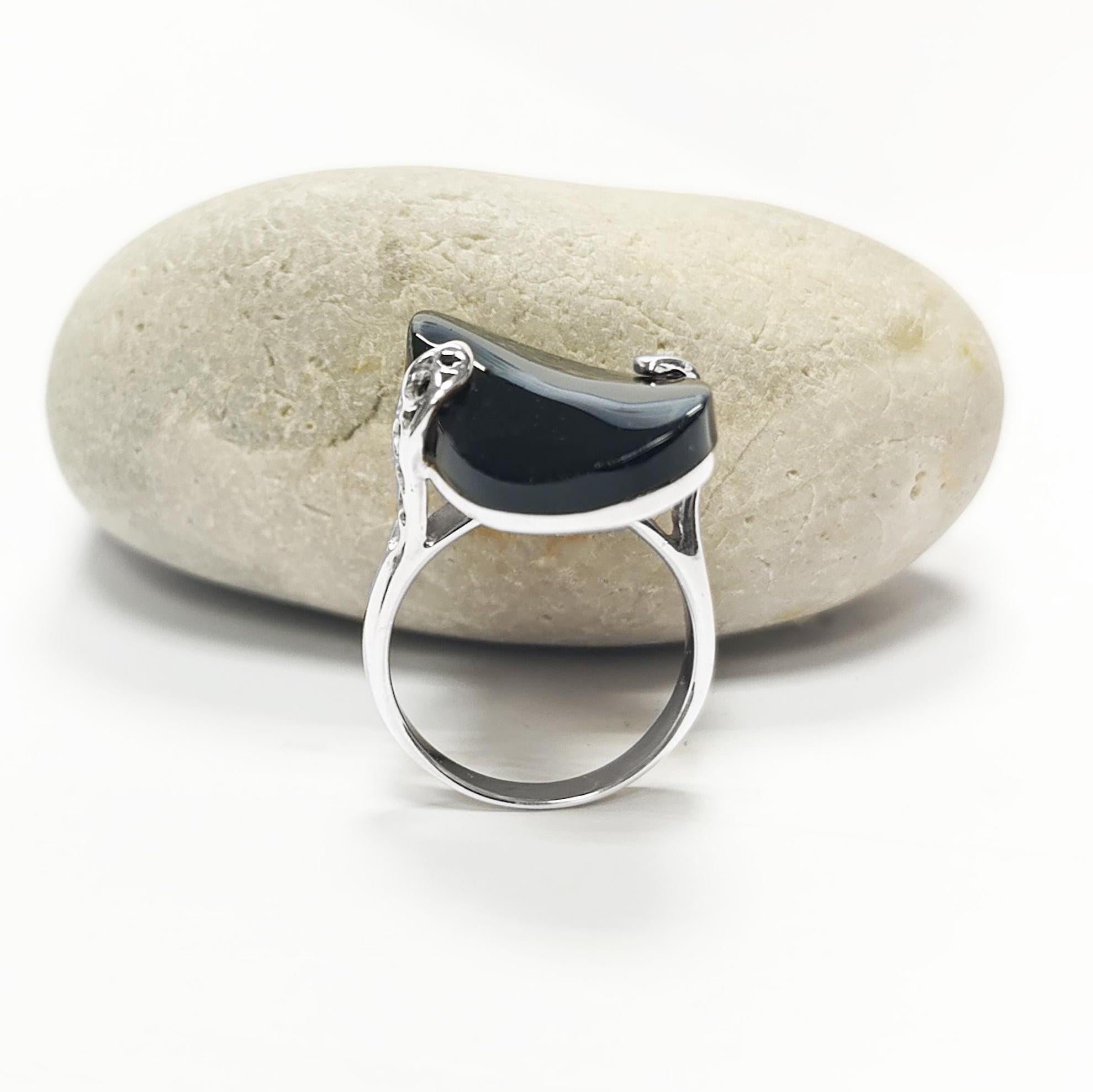 Black Onyx Filigree Ring, Twisted Stone, Sterling Silver