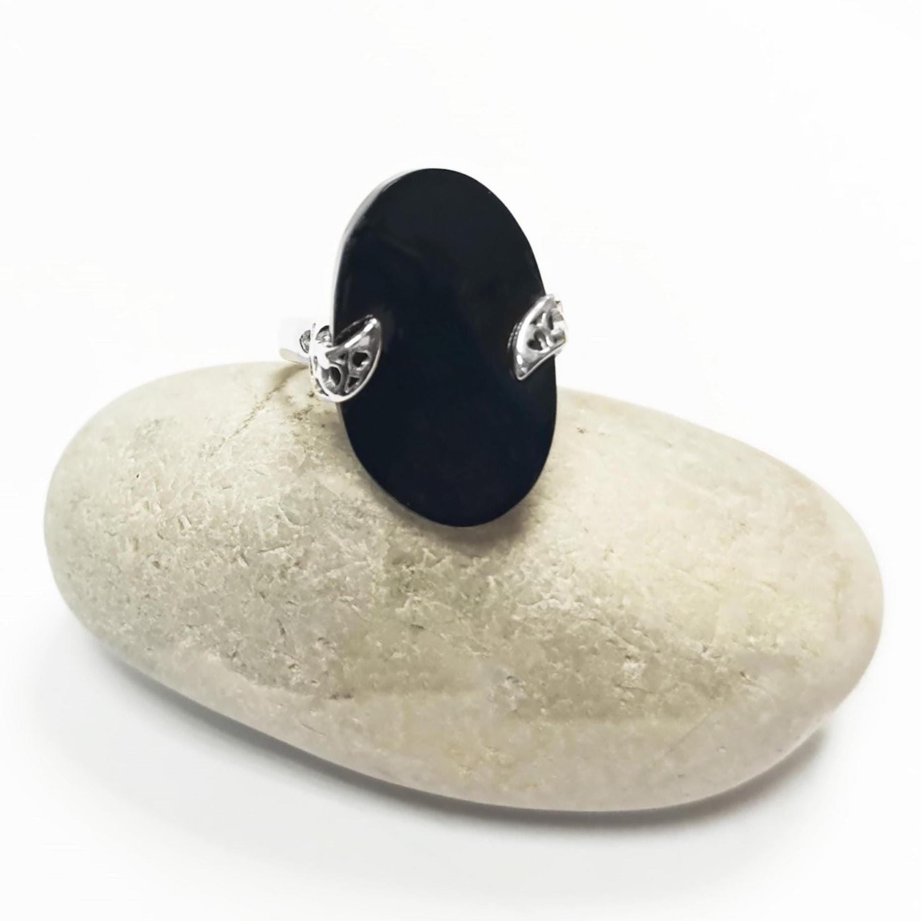 Black Onyx Filigree Ring, Twisted Stone, Sterling Silver