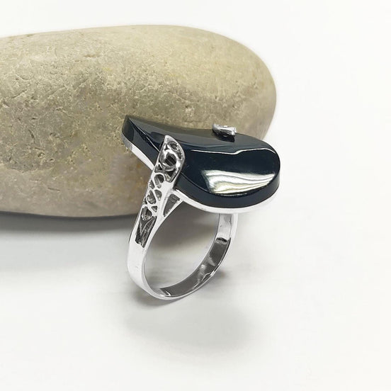 Black Onyx Filigree Ring, Twisted Stone, Sterling Silver