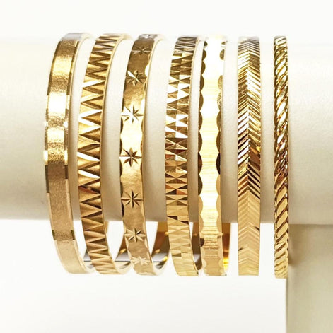 Bangle Bracelet 18K Gold Plated. Closed Round Rigid Cuff Bracelet • Stackable14 Different Models Geometric Textured Stacking Bangles