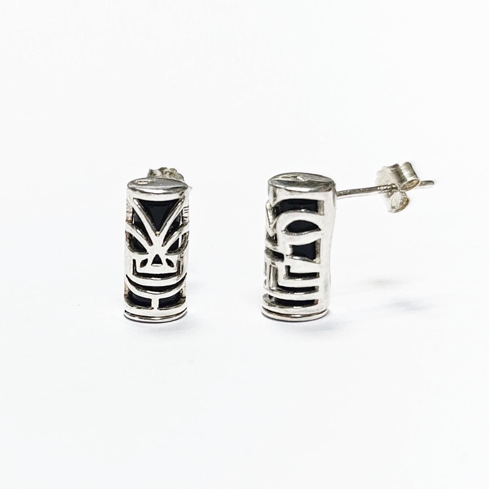Tiki Earrings • Sterling Silver Tribal Totem Stud Earrings • Exotic Polynesian-Inspired Jewelry with Engraved Details • Gift for Women & Men