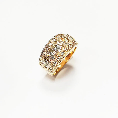 Diamond Gold Band Ring, Elegant 18K Gold-Plated White Diamond CZ Stones, April Birthstone Jewelry, Statement Cocktail Wedding, Birthday Gift